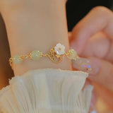 Daiiibabyyy Gold Color Hetian Jade Flower Bracelet For Women Girl Peach Blossom Shell Vintage Jewelry Birthday Gift Dropshipping