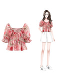 DAIIIBABYYY  -  Women's French One-shoulder Floral Temperament Shirts Female Summer Sweet Gentle Style Short Puff Sleeve Bow Pullover Blouse