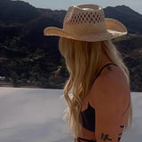 Daiiibabyyy  Hand Woven Raffia Hat Women Summer Simple Western Cowboy Straw Hat Lady Ins California Girl Seaside Vacation Curled Brim Sun Hat