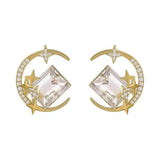 Daiiibabyyy  Women Star & Moon Crystal Earrings Elegant Light Luxury Exquisite Shiny Zircon Ear Studs Golden Fashion Jewelry Gifts