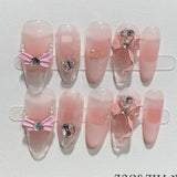 Daiiibabyyy  10pcs Purple Cat's Eye Handmade Fake Nails Tips Glitter Mid-length Oval Press on Nails Art Bow Rhinestone Design False Nail Sets