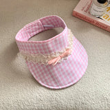 DAIIIBABYYY  -  Korean Version Bow Lace Decorative Plaid Empty Top Hat Women's Summer Outdoor Vacation Shading Foldable Sweet Sun Cap Gorras