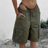Daiiibabyyy  Women's Summer Shorts Cotton Mid Waist Drawstring Short Pants Olive Green Flap Pocket Casual Shorts Brown Loose Fit Cargo Shorts