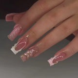 Daiiibabyyy  24Pcs Mid-length Square Press on Nails French Reusable Full Cover Fake Nails Tips 3D Star Love Heart Pearl Design False Nail Art
