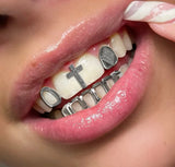 Daiiibabyyy  Hip-Hop Teeth Shining Zircon Cross Four Hollowed-Out Golden Shining Grill Teeth Accessory Rap Style Holiday Party Gift