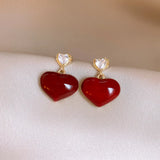 Daiiibabyyy  Vintage Red Drop Glaze Peach Heart Drop Earrings for Women Trendy Geometric Metal Earrings Christmas Creative Jewelry Gifts ﻿