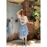 Daiiibabyyy  Streetwear Floral Midi Skirt Women Fashion Ruffles Asymmetrical Skirts Summer Ladies Elegant Korean Blue Design A Line Faldas
