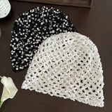 Daiiibabyyy  Retro Vintage Sequin Woven Cap Y2k Knit Sequin Bucket Hat Thin Hollow Beanie Hats Summer