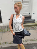 Daiiibabyyy  Ladies Elegant Halter Neck Top Polka Dot Print Sleeveless Tie Neck Ruched Slim Fit Casual Streetwear Summer New Chic Tops