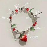 Daiiibabyyy One Piece Fashion Cute Y2K Green Leaves Strawberry Love Heart Star Alloy Silver Colour Bracelet Woman Party Gift Daily Jewelry