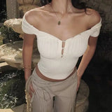 Daiiibabyyy  French Sexy Pearl Short Sleeved T-shirt Women Design Sense Niche Early Spring New Round Neck Knitted Top
