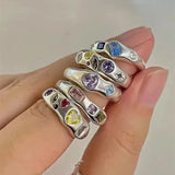 DAIIIBABYYY  -  Steel Fun Jewelry Y2K Colored Zircon Rings for Women Irregular Matte Silver Finger Ring Personality Hip Hop Girls Accessory Gift