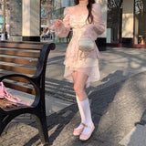 DAIIIBABYYY  -  Korean Print Ruffles Pink Mini Dress Slim Wasit Fairy Puff Sleeve Ball-Gown Square-Collar Vestidos 2025 Summer Chic New Clothes