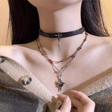 Daiiibabyyy  Korean Kpop Sweet Lace Strap Choker Necklace for Women Girls Cool CZ Cross Pendant Clavicle Chain Gothic Jewelry Party Gift