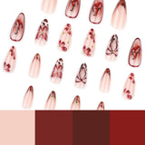 Daiiibabyyy  24pcs Vintage Flower Press On Nails Wine Red Bowknots Cherry Designs Almond False Nails French Style Reusable Fake Nail Tips