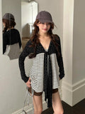Daiiibabyyy  Vintage Sweet Floral Print Design 2 Piece Set Women Long Sleeve Cardigan + Striped Outerwear Tops Fashion Korean Popular Clothes