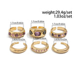 Daiiibabyyy  6Pcs/set Inlaid Purple Zircon Adjustable Opening Ring Set Women Smooth Gold Color Ring for Female Daily Y2K Jewelry Gifts