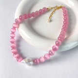 DAIIIBABYYY  -  1pcs/ imitation acrylic Baroque Pearl Pink Opal Necklace fashionable atmosphere Joker short clavicle chain simple and high sense
