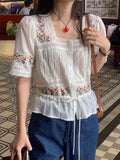 DAIIIBABYYY  -  Korean Chic Summer French Ethnic Embroidery Flower Pleat Drawstring Waist Cinching Slim Versatile Short Sleeved Shirt