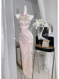 DAIIIBABYYY  -  Retro Cheongsam Slit Sexy Chinese Style Pink Qipao Dress Female Elegant Daily Dresses Costume