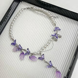 Daiiibabyyy  Purple Crystal Butterfly Acrylic Petal Tassel Pearl Necklace Women Light Luxury Choker Y2K Jewelry Gifts for Her