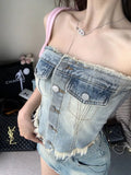 Daiiibabyyy  American Denim Simple Chest-top Small Crowd  Edge Design Sense of Top Korean Fashion Clothing Cute Tops Denim Tank Tops