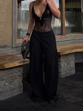 Daiiibabyyy  Women's Black Lace Bodysuit Sexy Deep V Neck Sleeveless Spaghetti Strap Slim Fit Corset Style Bodysuit Tops For Party Clubwear