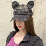 Daiiibabyyy  Parent-Child Denim Baseball Cap Adult Embroidered Letters Fashion Peaked Caps Cute Cat Ear Girls Boy Travel Outdoor Sun Hats