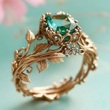 Daiiibabyyy  Inlaid Design Leaf Flower Ring Fade-Resistant with Green Stone Finger Decoration Daily Wear Individual Ins Style