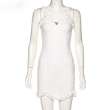 Elegant White Sleeveless Suspender Frilly Girlish Style Mini Dress Romantic Twill Neckline Wrap Hip Skirt Women's Holiday Outfit