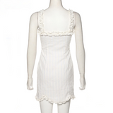 Elegant White Sleeveless Suspender Frilly Girlish Style Mini Dress Romantic Twill Neckline Wrap Hip Skirt Women's Holiday Outfit