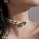 2022 Vintage Green Round Crystal Choker For Women Girls Elegant Pearl Beads Strand Necklace Trendy Wedding Jewelry daiiibabyyy