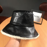 Winter Glabrous Hat Black Pu Leather Fisherman Hat for Men and Women Fashion Japanese Lamb Wool Warm Hat Basin Tide Bucket Hat daiiibabyyy