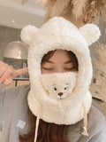 Women Cute Small Bear Hat All-match with Mask Bear Hat Female Winter Thick Plush Bib Biking Earmuffs Hats for Women Fashion daiiibabyyy