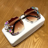 Sunglasses women  new fashon Vinage Sqaure luxury glasses Rimless rhinesotne sunglasses Shades For Women Summer oculos daiiibabyyy