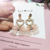 Korean Handmade Pink Lace Bow-Knot Princess Female Dangle Earrings For Women Fashion Imitation Pearl Heart Drop Brincos Jewelry daiiibabyyy