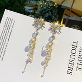 MENGJIQIAO Korean Fashion Asymmetry Snowflake Crystal Drop Earrings For Women Long Pearl Tassel Pendientes Jewelry Gifts daiiibabyyy