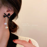 Trendy Korean Black Bow Long Chain Crystal Dangle Earrings Ladies Fashion Temperament Jewelry For Women Party Drop Earring Gift daiiibabyyy