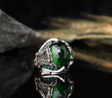Luxury Men's Fashion Silver Color Round Green Stone Handmade Men's Ring Vintage Engraving Pattern Punk Ring Party Jewelry Gift daiiibabyyy