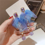 2022 Korean Fashion Blue Chiffon Bow-knot Charm Drop Earring Wedding Jewelry For Women Chic Imitation Pearl Long Dangle brincos daiiibabyyy