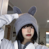 Winter Warm Korean Version of Japanese Hat Draping Rabbit Ears Rabbit Fur Hat Women Autumn and Winter Knitted Wool Hat daiiibabyyy