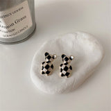 FFLACELL Korean New Fashion Dripping Oil Checkerboard Pattern Bear Earrings For Women Girls Personality Trend Party Jewelry Gift daiiibabyyy