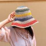 Daiiibabyyy Summer Foldable Travel Shade Rainbow Color Hat Floppy Straw Hat Women Ladies Wide Brim Beach  Straw Outside Fishing Sun Cap