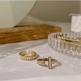 Daiiibabyyy Korean Simple Zircon Pearl Paved Open Rings For Women Personality Jewelry Ring