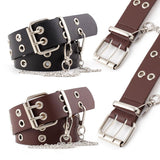 Fashion Punk Metal Eyelet Waist Belt with Chain PU Leather Women Waistband Wild Rivet Pin Buckle Belt Personality Jeans Decor daiiibabyyy