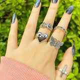 17KM Retro Silver Color Flower Butterfly Skull Rings Set For Women Men Punk Hiphop Animal Angel Wings Finger Rings Gift Jewelry daiiibabyyy