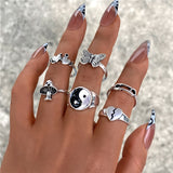 17KM Retro Silver Color Flower Butterfly Skull Rings Set For Women Men Punk Hiphop Animal Angel Wings Finger Rings Gift Jewelry daiiibabyyy