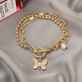Fashion Butterfly Pendant Double Bead Chain Bracelet for Women 2022 Anklets Hip Hop Pearl Gold Color Link Ot Buckle Foot Jewelry daiiibabyyy