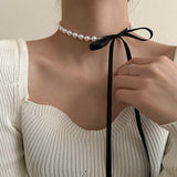 Daiiibabyyy Women Pearl Bow Necklace for Wedding Elegant Girl Female Collar Velvet Bow Streamer Choker Necklace Fashion Jewelry