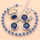 Bride Luxury 925 Silver Jewelry Sets Blue Sapphire for Women Drop Stones Earrings Rings Bracelet Necklace Set Dropshipping